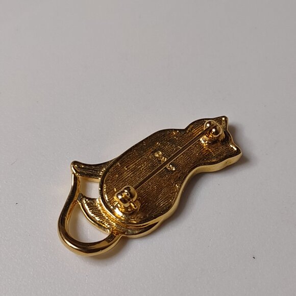 Very Cool Gold Tone Cat Brooch With Clear Stones - Picture 6 of 10